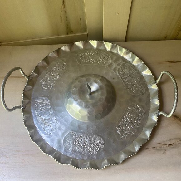 Vintage Cromwell Hand Wrought Aluminum Lazy Susan Serving platter fruit flowers - Picture 1 of 11